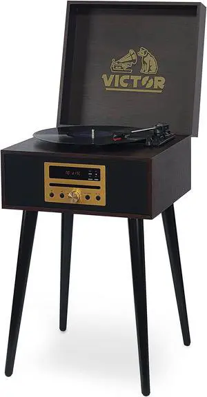 Victor VWRP-3500 Newbury 8-in-1 Turntable Music Center with Record Player, CD/MP3 Player, FM Radio, Bluetooth, USB Playback and Recording, Built-in Stereo Speakers, and Chair-Height Legs