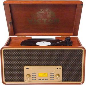 VICTOR Monument 8-in-1 Turntable Music Center with 3-Speed Record Player, CD/MP3/Cassette Player, AM/FM Radio, Dual Bluetooth in & Out, USB Playback & Record, and Built-in Stereo Speakers, Mahogany