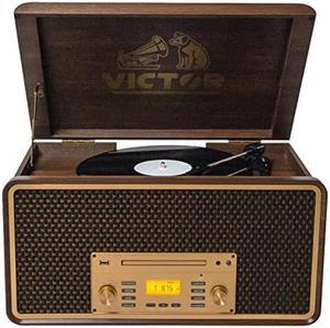 VICTOR Monument 8-in-1 Turntable Music Center with 3-Speed Record Player, CD/MP3/Cassette Player, AM/FM Radio, Dual Bluetooth in & Out, USB Playback & Record, and Built-in Stereo Speakers, Espresso