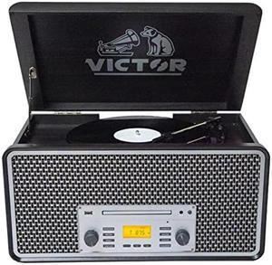 VICTOR Monument 8-in-1 Turntable Music Center with 3-Speed Record Player, CD/MP3/Cassette Player, AM/FM Radio, Dual Bluetooth in & Out, USB Playback & Record, and Built-in Stereo Speakers, Graphite