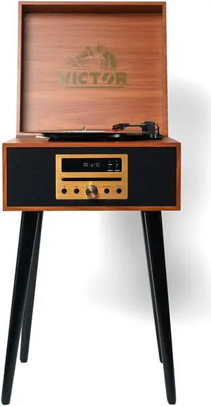 Victor VWRP-3500 Newbury 8-in-1 Turntable Music Center with Record Player, CD/MP3 Player, FM Radio, Bluetooth, USB Playback and Recording, Built-in Stereo Speakers, and Chair-Height Legs