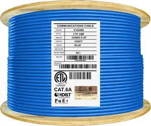 CAT6A Shielded Plenum (CMP), 1000ft, FTP 23AWG, 650MHz, Solid Pure Copper, UL Certified, UL-LP Certification, Bulk Ethernet Cable Reel, Blue