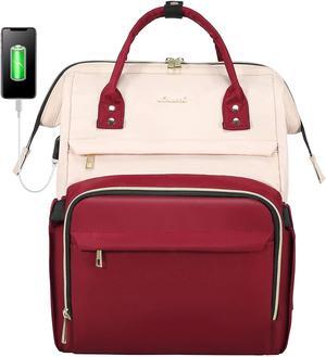 LOVEVOOK Laptop Backpack for Women Fashion Business Computer Backpacks Travel Bags Purse Doctor Nurse Work Backpack with USB Port, Fits 15.6-Inch Laptop White-Wine Red