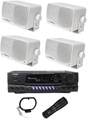 Pyle PLMR24 3.5" 200W Outdoor Speakers 4 Pack with 100 Watt RMS Power, 4 Ohm impedance and PT260A 200W Stereo Theater Receiver 110V with 3 RCA inputs