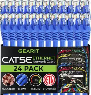 GearIT 24-Pack, Cat5e Ethernet Patch Cable 5 Feet - Snagless RJ45 Computer LAN Network Cord, Blue - Compatible with 24 48 Port Switch POE Rackmount 24port Gigabit