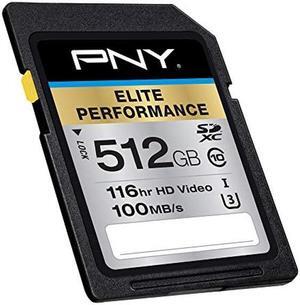 PNY 512GB Elite Performance Class 10 U3 SDXC Flash Memory Card - 95MB/s, Class 10, U3, 4K UHD, Full HD, UHS-I, Full Size SD