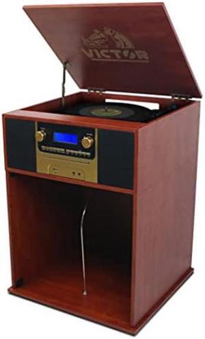 VICTOR Boyleston 7-in-1 Turntable Music Center with 3-Speed Record Player, CD/MP3 Player, AM/FM Radio, Bluetooth in, USB Playback & Record, and Built-in Stereo Speakers & Album Storage, Mahogany
