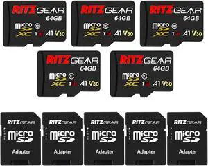 Ritz Gear 64GB Micro SD Card, microSDXC Full HD & 4K UHD, UHS-I, U3, A1, V30, C10 Memory-Card + Adapter for Android Smartphones, Tablets, Nintendo-Switch (5 Pack)