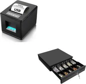 MUNBYN 80mm USB Receipt Printerand Black Cash Register Drawer, 16" Wide Cash Drawer with Removable Coin Tray