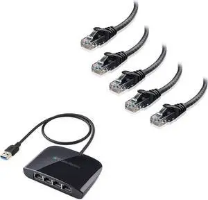 Cable Matters 5-Pack Snagless Cat6 Ethernet Cable in Black 10 ft & USB 3.1 to 4-Port Gigabit Ethernet Switch (USB to Gigabit Ethernet Adapter)