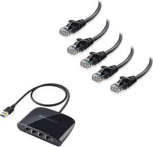 Cable Matters 5-Pack Snagless Short Cat6 Ethernet Cable in Black 5 ft & USB 3.1 to 4-Port Gigabit Ethernet Switch (USB to Gigabit Ethernet Adapter)