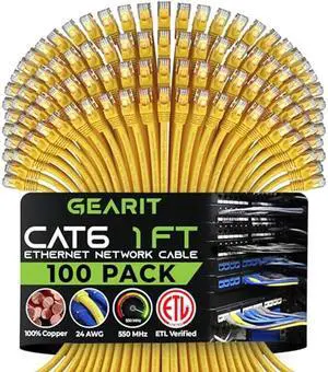 GearIT 100-Pack, Cat 6 Ethernet Cable Cat6 Snagless Patch 1 Foot - Snagless RJ45 Computer LAN Network Cord, Yellow - Compatible with 5 Port Switch POE 5port Gigabit