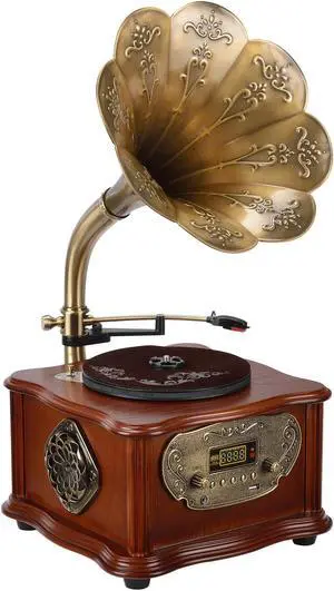 Wooden Gramophone Vinyl Record Player Speakers System Control 33/45 RPM FM AUX USB Ouput Bluetooth 4.2