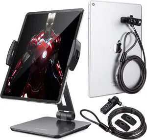 AboveTEK Business Kiosk Aluminum Tablet Stand, 360° Swivel Tablet & Phone Holders for Any 4-14" Device, Laptop Lock, Tablet Lock Security Cable, 2 Keys Durable Steel, Anti Theft Hardware Protection