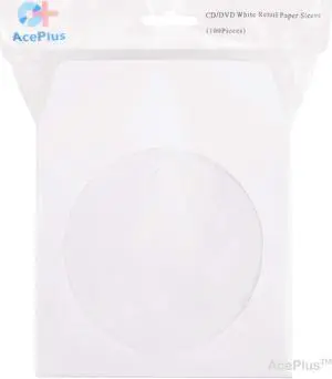 1,000 AcePlus CD/DVD White Paper Sleeves with Clear Window and Flap, Sturdy 100 gram Weight; 1 Box = 10 packs x 100-pk Retail Packaging