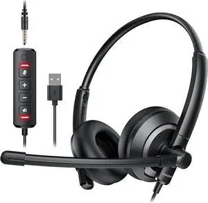awatrue Computer USB Headset with Microphone for PC - Headphones with Noise Cancelling Microphone On Ear Wired Headset Mic Mute for WFH Call Center Office Online Class Skype Zoom