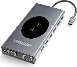 Docking Station USB-C Dual Monitor 15 in 1 for MacBook Pro/Air/Dell/Lenovo/HP. with Wireless Phone Charger. Dongle to 4K HDMI. VGA, SD/Micro SD Card Reader. Ethernet. 1 USB-C-PD. Audio Jack.