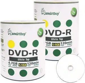Smartbuy 200-disc 4.7gb/120min 16x DVD-R White Top Blank Data Recordable Media Disc