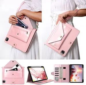 iPad Pro 11 PU Leather Case,iPad Pro 11 Case with Pencil Holder,Money Pocket,Shoulder/Hand Strap,Kickstand,Flip Cover with Auto Sleep/Wake (Pink)