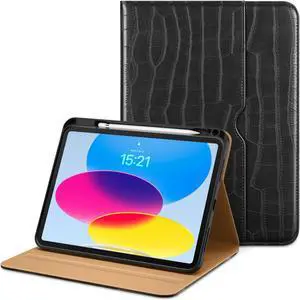 VIKESI Crocodile Case for iPad A16 11-inch 2025 and iPad 10th Generation 10.9 Inch 2022,Leather Smart Folio Cover with Pencil Holder and Hand Strap,Support Auto Sleep/Wake - Black