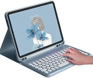 HENGHUI Keyboard Case for Galaxy Tab S9 11 inch Cute Round Key Color Keyboard Wireless Detachable BT Keyboard Cover with S Pen Holder (MistyBlue)