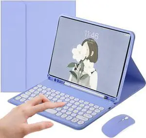 PboyiqiS Keyboard Case for iPad 10 2022, iPad10th Generation Case with Keyboard and Mouse Cute Round Key Detachable Keyboard Case with Pencil Holder (Light Purple)