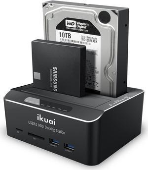 ikuai SATA to USB 3.0 Dual Bay Hard Drive Dock for 2.5"/3.5" SATA HDD SSD with Micro SD Card Reader 2 USB 3.0 Port, Offline Clone Function External Hard Drive Docking Station, 2X20TB and UASP Support