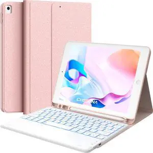 CHESONA for iPad 9th Generation Case with Keyboard, 7 Color Backlit, Multi-Touch Trackpad, Built-in Pencil Holder, 2 Wireless Channels, Flip Stand Keyboard Case for iPad 9th/8th/7th Gen 10.2 Pink