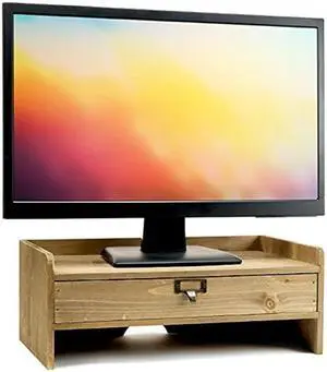 Excello Global Products Wooden Monitor Stand: Includes Drawer for Desktop Organization of Notebooks, Pens, Pencils & Office Supplies (Brown)