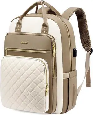 LOVEVOOK Laptop Backpack Purse for Women, 17" Laptop Bag with USB Port, Water Resistant Lightweight Daypacks for College Travel Work Business, Nurse Teacher Computer Bags, Khaki Beige