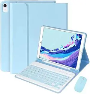 iPad 10.2 Keyboard Case with Mouse, Case for iPad 9th Gen 2021/8th 2020/7th 2019/iPad Air 3/iPad Pro 10.5 with Keyboard and Mouse, Detachable Magnetic Keyboard Cover with Pencil Holder (Sky Blue)