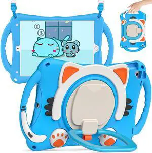 BATYUE Case for iPad 9th/8th/7th Generation 10.2 inch (2021/2020/2019), with Rotating Stand, Pencil Holder, Carrying Shoulder Strap, Cute Cat Case for Kids (Light Blue)