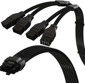 LINKUP - AVA 600W PCIE 5.0 16Pin (12+4) High Current Power Cable|16AWG, Molded, Soldered & Sleeved Type|for 4x8Pin PCIE 4.0 PSU|Compatible with RTX40 & RTX30 FE GPUs|45cm Black
