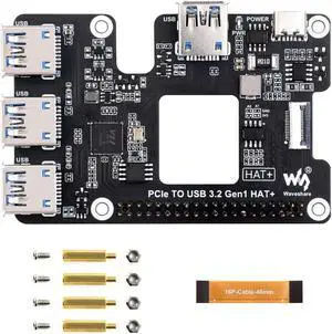 Waveshare PCIe to USB 3.2 Gen1 HAT for Raspberry Pi 5, PCIe to USB HUB, 4X High Speed USB Ports, No Driver Required, Plug and Play, HAT + Standard