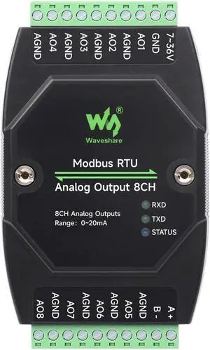 Waveshare Industrial 8-Ch Analog Output Module, 12-Bit DA Conversion, Supports 8-Ch Simultaneous Current Output, DC 7~36V Wide Voltage Power Supply, Modbus RTU Protocol, Rail-Mount Support