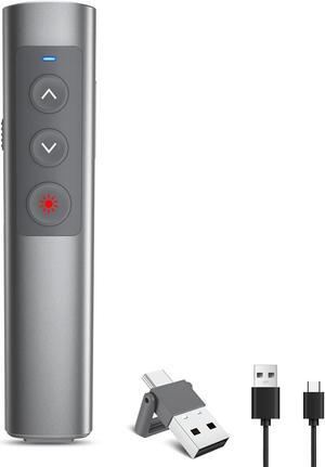 Rechargeable Presentation Clicker with RED Laser Pointer, 2 in 1 USB-A USB-C Metal Wireless Remote Powerpoint Slide Clicker with Volume Control for PPT/Mac/Laptop/Computer, Google Slide Advancer
