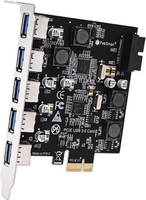 FebSmart 7-Ports Superspeed 5Gbps USB 3.0 PCIE Expansion Card, 5-Ports USB-A and an 19Pin USB 3.0 Header, Built in FebSmart Self-Powered Technology, No Need Additional Power Supply (FS-U7S-Pro)