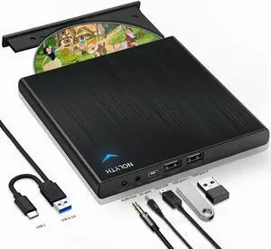 NOLYTH External CD Drive for Laptop, Slim CD Burner for Mac with 1 Audio 2 USB Ports, USB DVD Drive External Optical Disk Reader Player for PC Windows Desktop