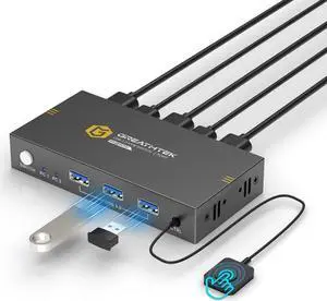 KVM Switches 2 Port 8K@60Hz, GREATHTEK KVM Switch HDMI Share USB Devices with 3 USB3.0 Hubs, 2 Computers 1 Monitor Share Keyboard Mouse Printer, Button Switch Desktop Remote Control, Plug and Play