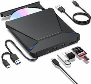 Haiway External DVD Drive, USB 3.0 Type-C Portable CD DVD Drive Burner Player Reader Writer with 2 USB 3.0 Ports and TF/SD Card Slots, Optical Disk Drive for Laptop Mac, PC Windows 11/10/8/7 Linux OS