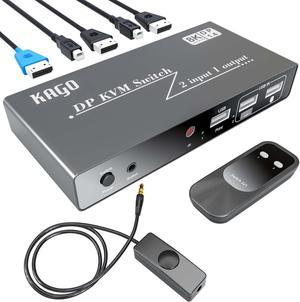 KAGO 8K KVM Switch 1 Monitors 2 Computers DisplayPort,3 USB Hub for Share Keyboard Mouse Printer, 8K@60Hz 4K@144Hz Display Port 1.4, with Wired & IR Remote 2 USB Cables