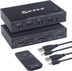 KCEVE HDMI KVM Switch, 2 Port USB and HDMI 4K@60Hz Switch Adapter Box for 2 Computers Share Keyboard Mouse and one HD Monitor, with HDMI Cables and USB Cables