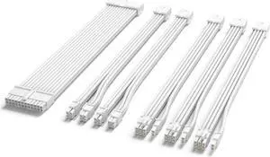 Sirlyr White PSU Extension Cable Kit,PC Power Supply Cables Extension Mod - 1x 24Pin ATX /2X 8 (4+4) Pin EPS /3X 8 (6+2) Gold-Plated Pin PCIE GPU Bright White Nylon Braided 11.8 Inch 6 Kits