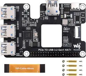 Wonrabai Waveshare PCIe to USB 3.2 Gen1 HAT for Raspberry Pi 5, PCIe to USB HUB, PCIe to Four High Speed USB Ports for Connecting More Peripherals, Driver-Free Plug and Play, HAT + Standard