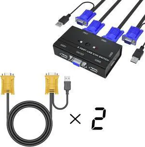 Yinker 2 Port VGA KVM Switch w/2pack 4ft KVM Cable + 2 Pack 10ft VGA KVM Cable