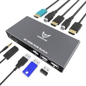 DiamondTiger 8K HDMI KVM Switch 2 Port - Support Ultra HD 8K(7680 * 4320)@60Hz,4K@60Hz/120Hz/144Hz, 3 USB Selecter for 2 Computers Share Keyboard Mouse Printer Headset, 2 HDMI 2.1 & USB Cable Included