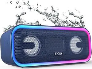 DOSS SoundBox Pro+ Bluetooth Speaker with 24W Impressive Sound, Booming Bass, IPX6 Waterproof, 15Hrs Playtime, Wireless Stereo Pairing, Mixed Colors Lights, 66 FT- Blue