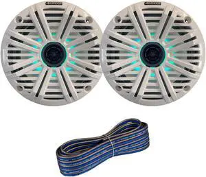1 Pair (QTY 2) of Kicker 6.5" 2-Way 195 Watts Max Power Coaxial Marine Audio MultiColor LED Speakers with White Salt Water Grilles, 50-Feet 16-Gauge Speaker Wire