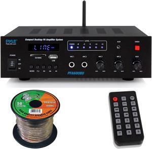 Sound Around Pyle PFA600BU Compact Bluetooth USB AUX FM Radio Public Address Amplifier Receiver System Combo Bundle with 16 Gauge 50 Feet Spool Speaker Wire