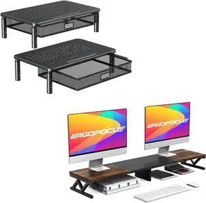ELIVED 2 Pack Monitor Stand Riser with Drawer+ErgoFocus Dual Monitor Stand Riser